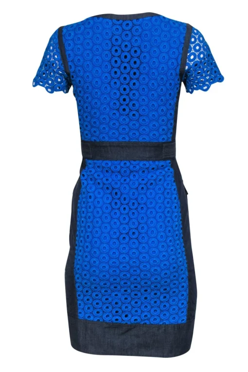 Karen Millen - Blue Eyelet Lace & Denim Bodycon Dress w/ Pockets Sz 2