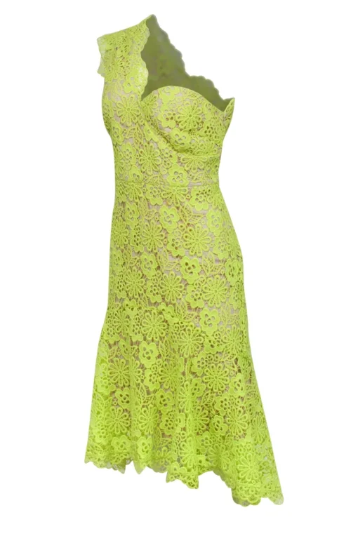 Karen Millen - Chartreuse Lace One Shoulder Fit & Flare Dress Sz 10
