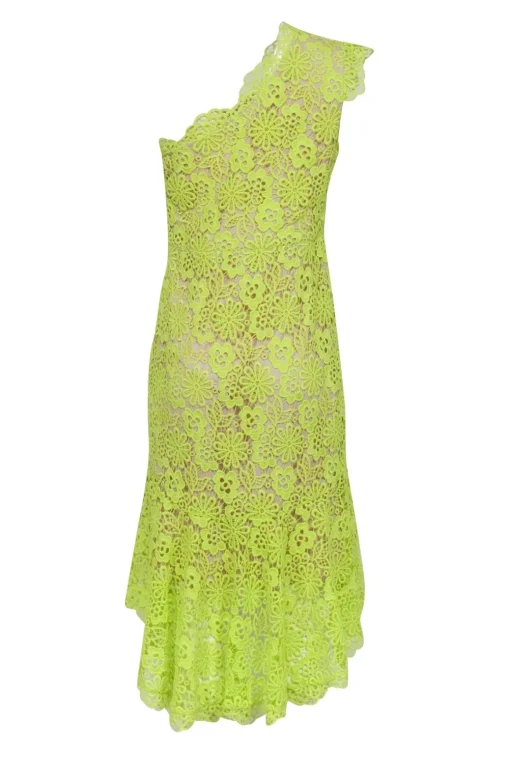 Karen Millen - Chartreuse Lace One Shoulder Fit & Flare Dress Sz 10