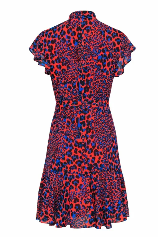 Karen Millen - Red & Blue Leopard Print Dress w/ Studded Waist Sz 8