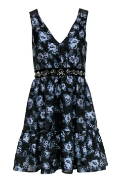 Kate Spade - Black & Blue Floral Cocktail Dress w/ Rhinestones Sz 0
