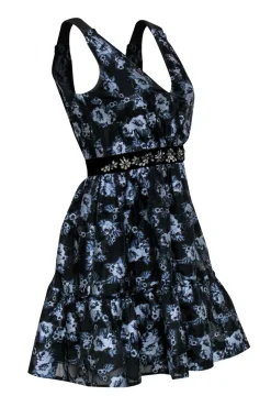 Kate Spade - Black & Blue Floral Cocktail Dress w/ Rhinestones Sz 0