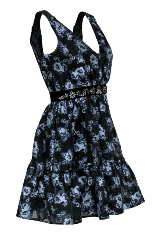 Kate Spade - Black & Blue Floral Cocktail Dress w/ Rhinestones Sz 0