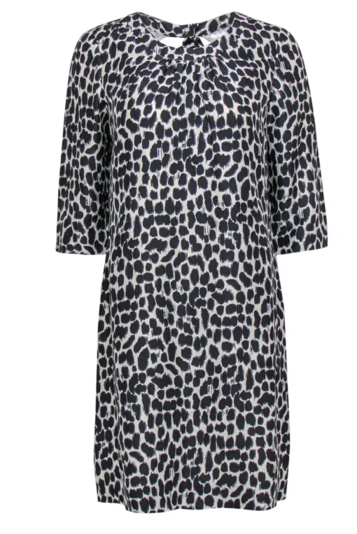 Kate Spade - Black & Cream Leopard Print Quarter Sleeve Shift Dress Sz 8
