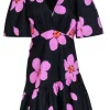 Kate Spade - Black & Orchid Floral Babydoll Cotton Dress w/ Ruffle Sz 6
