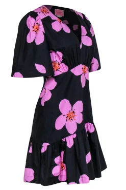 Kate Spade - Black & Orchid Floral Babydoll Cotton Dress w/ Ruffle Sz 6