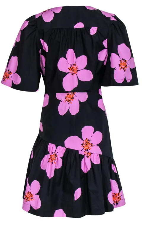 Kate Spade - Black & Orchid Floral Babydoll Cotton Dress w/ Ruffle Sz 6