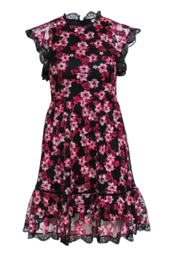 Kate Spade - Black & Pink Lace Floral Embroidery Fit & Flare Mini Dress Sz 0