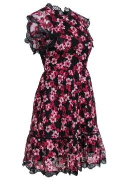 Kate Spade - Black & Pink Lace Floral Embroidery Fit & Flare Mini Dress Sz 0