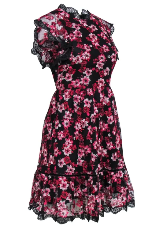 Kate Spade - Black & Pink Lace Floral Embroidery Fit & Flare Mini Dress Sz 0