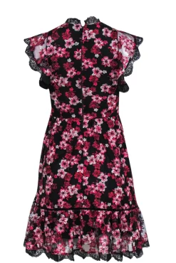 Kate Spade - Black & Pink Lace Floral Embroidery Fit & Flare Mini Dress Sz 0