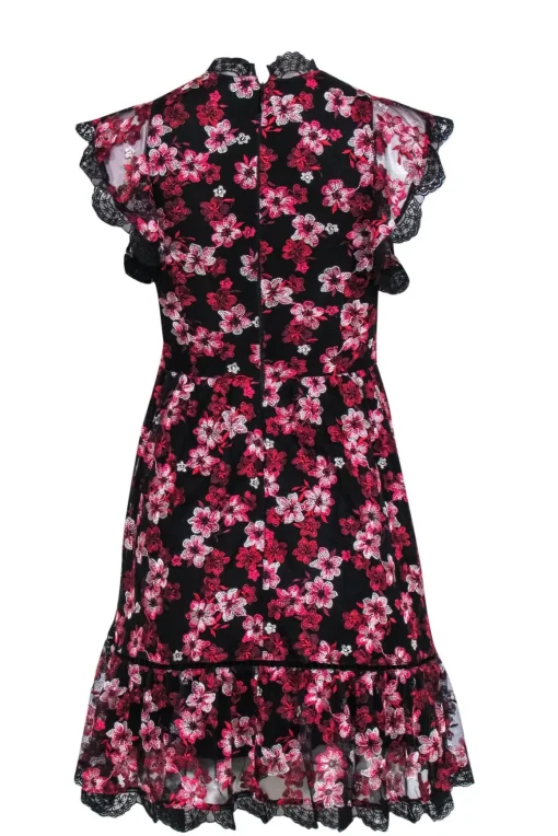 Kate Spade - Black & Pink Lace Floral Embroidery Fit & Flare Mini Dress Sz 0