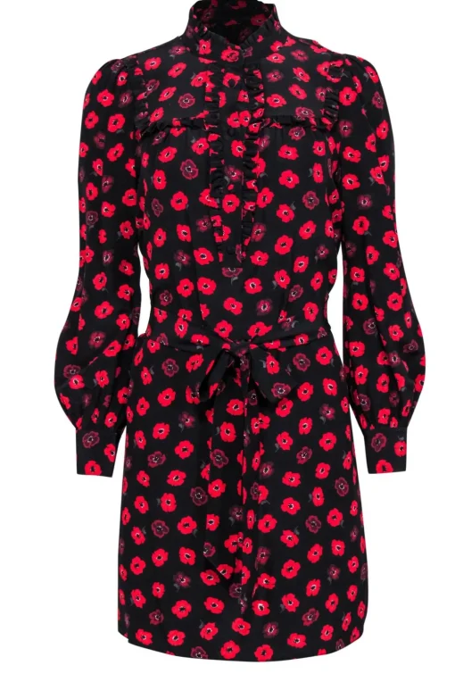 Kate Spade - Black & Red Floral Print Belted Shift Dress Sz S
