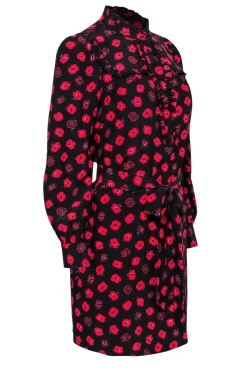 Kate Spade - Black & Red Floral Print Belted Shift Dress Sz S