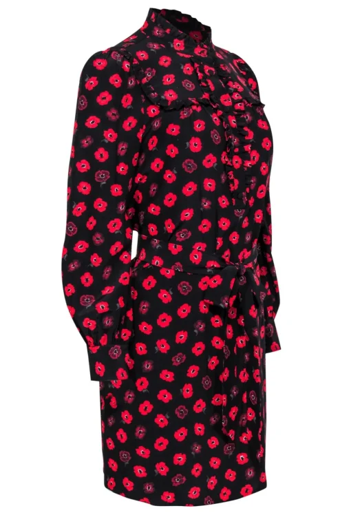Kate Spade - Black & Red Floral Print Belted Shift Dress Sz S