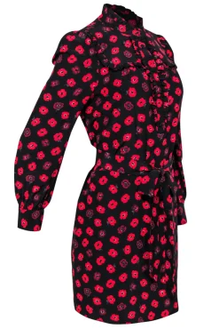 Kate Spade - Black & Red Floral Print Belted Shift Dress Sz S