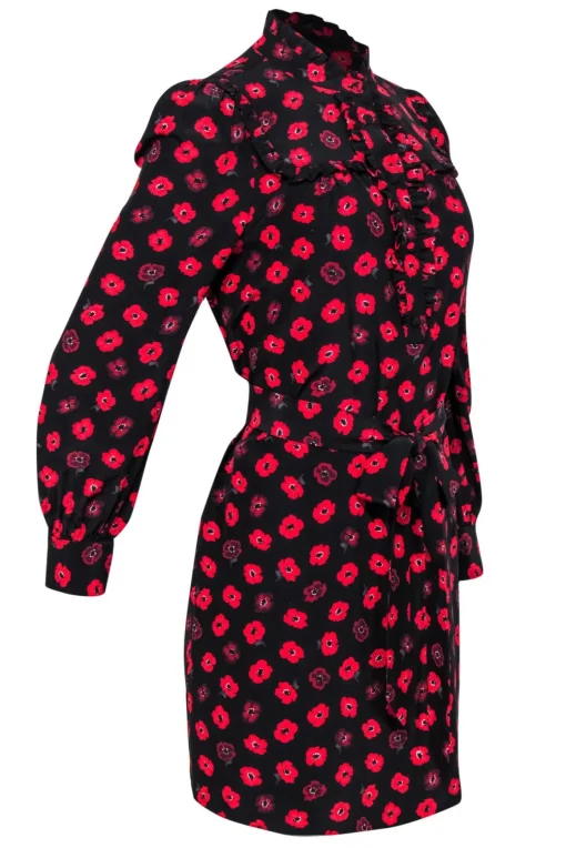 Kate Spade - Black & Red Floral Print Belted Shift Dress Sz S