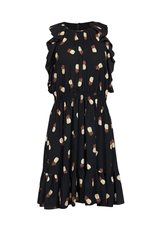 Kate Spade - Black & Tan Pineapple Print Tiered Dress w/ Ruffles Sz M