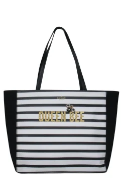 Kate Spade - Black & White Striped "Queen Bee Hallie" Tote w/ Jeweled Bee