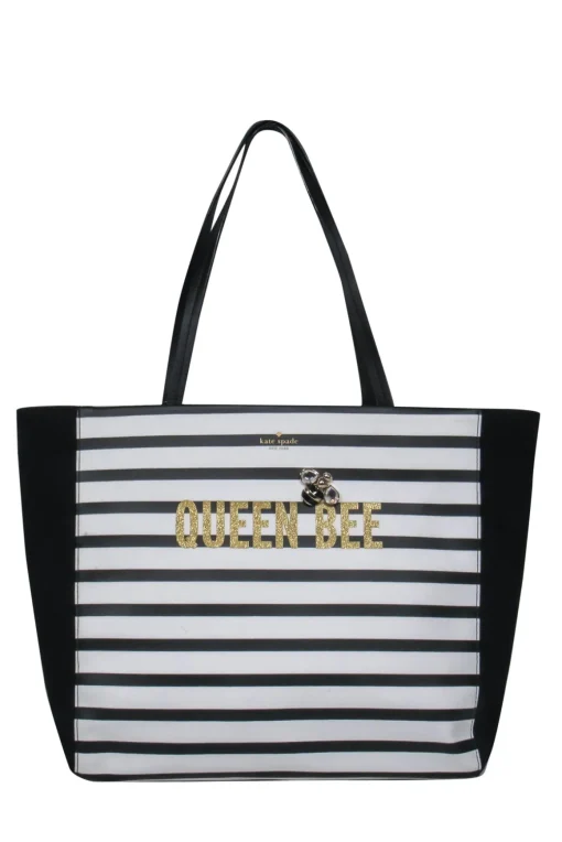 Kate Spade - Black & White Striped "Queen Bee Hallie" Tote w/ Jeweled Bee