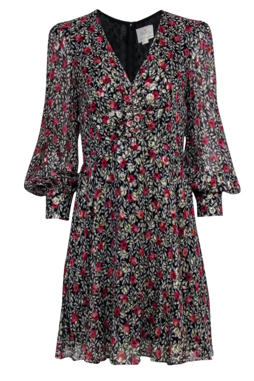 Kate Spade - Black & White Fit & Flare Dress w/ Pink & Red Flowers & Metallic Spots Sz 8
