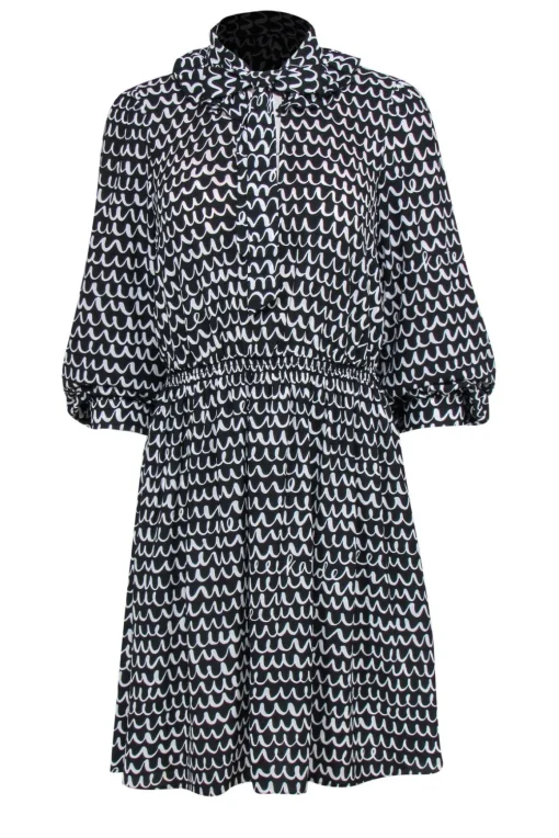 Kate Spade - Black & White Wavy Print Fit & Flare Dress Sz M