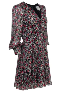 Kate Spade - Black & White Fit & Flare Dress w/ Pink & Red Flowers & Metallic Spots Sz 8