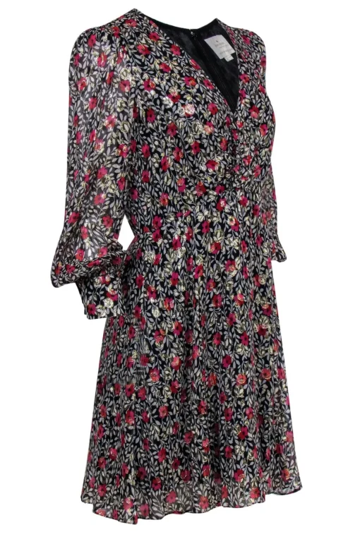 Kate Spade - Black & White Fit & Flare Dress w/ Pink & Red Flowers & Metallic Spots Sz 8