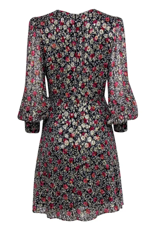 Kate Spade - Black & White Fit & Flare Dress w/ Pink & Red Flowers & Metallic Spots Sz 8