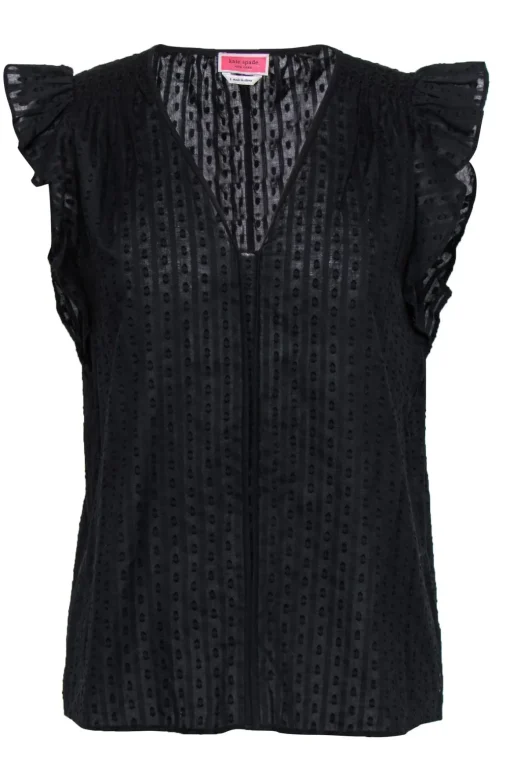 Kate Spade - Black Cotton Ruffle Sleeve Textured Blouse Sz S