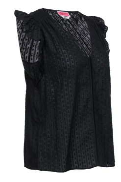Kate Spade - Black Cotton Ruffle Sleeve Textured Blouse Sz S