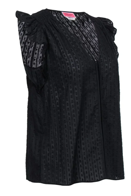 Kate Spade - Black Cotton Ruffle Sleeve Textured Blouse Sz S