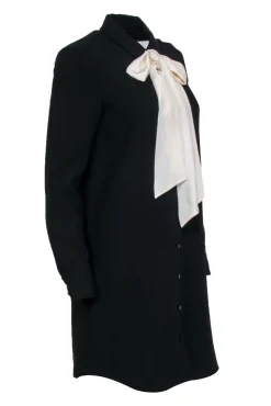 Kate Spade - Black Crepe Shirt Dress w/ Cream Neck Tie Sz 4