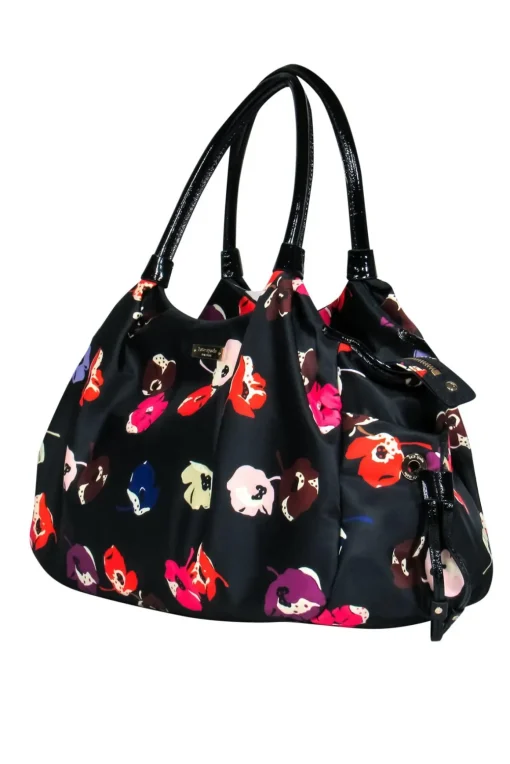 Kate Spade - Black Floral Nylon "Stevie" Baby Tote Bag