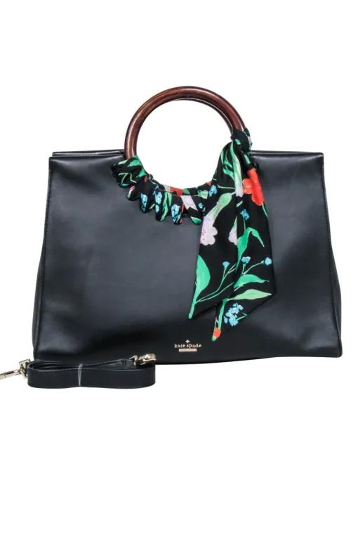 Kate Spade - Black Leather Shoulder Bag w/ Wood Circle Handles & Floral Detail