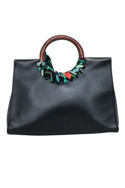 Kate Spade - Black Leather Shoulder Bag w/ Wood Circle Handles & Floral Detail