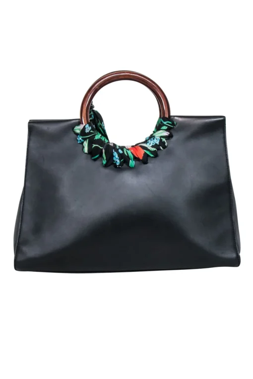 Kate Spade - Black Leather Shoulder Bag w/ Wood Circle Handles & Floral Detail