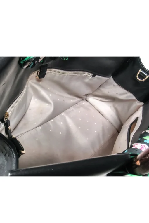 Kate Spade - Black Leather Shoulder Bag w/ Wood Circle Handles & Floral Detail