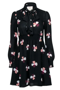 Kate Spade - Black Long Sleeve Neck Tie Dress w/ Floral Print Sz XXS