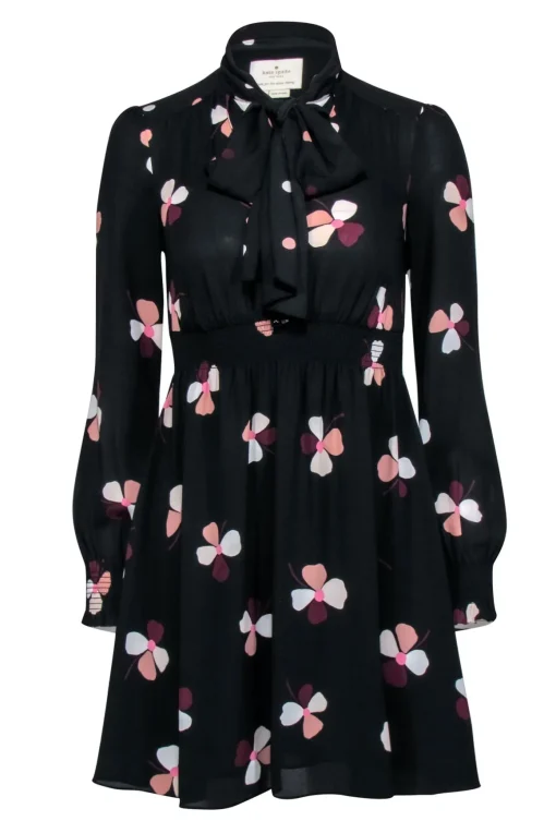 Kate Spade - Black Long Sleeve Neck Tie Dress w/ Floral Print Sz XXS