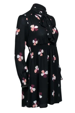 Kate Spade - Black Long Sleeve Neck Tie Dress w/ Floral Print Sz XXS