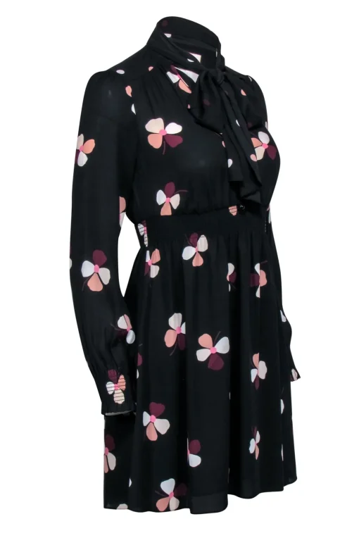 Kate Spade - Black Long Sleeve Neck Tie Dress w/ Floral Print Sz XXS