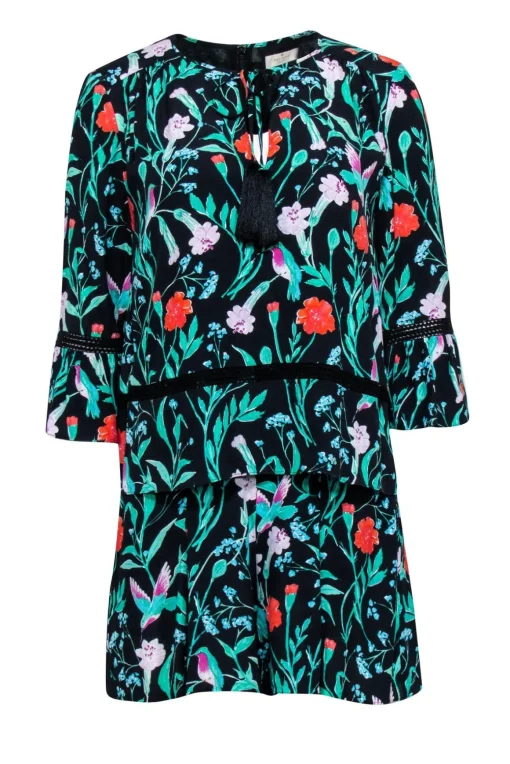 Kate Spade - Black w/ Multicolor Floral Print Crepe Romper Sz 4