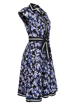 Kate Spade - Black w/ Purple & Lilac Floral Print Belted Shirtdress Sz M
