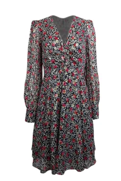 Kate Spade - Black, White, & Pink Floral Print Silk Dress w/ Metallic Clip Dots Sz 6