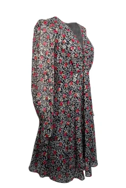 Kate Spade - Black, White, & Pink Floral Print Silk Dress w/ Metallic Clip Dots Sz 6