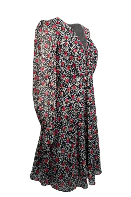 Kate Spade - Black, White, & Pink Floral Print Silk Dress w/ Metallic Clip Dots Sz 6