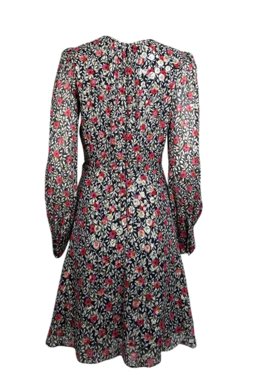 Kate Spade - Black, White, & Pink Floral Print Silk Dress w/ Metallic Clip Dots Sz 6