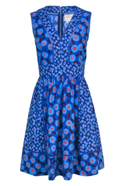 Kate Spade - Blue & Red Floral Print Cotton A-Line Dress w/ Eyelet Trim Sz 14