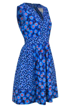 Kate Spade - Blue & Red Floral Print Cotton A-Line Dress w/ Eyelet Trim Sz 14